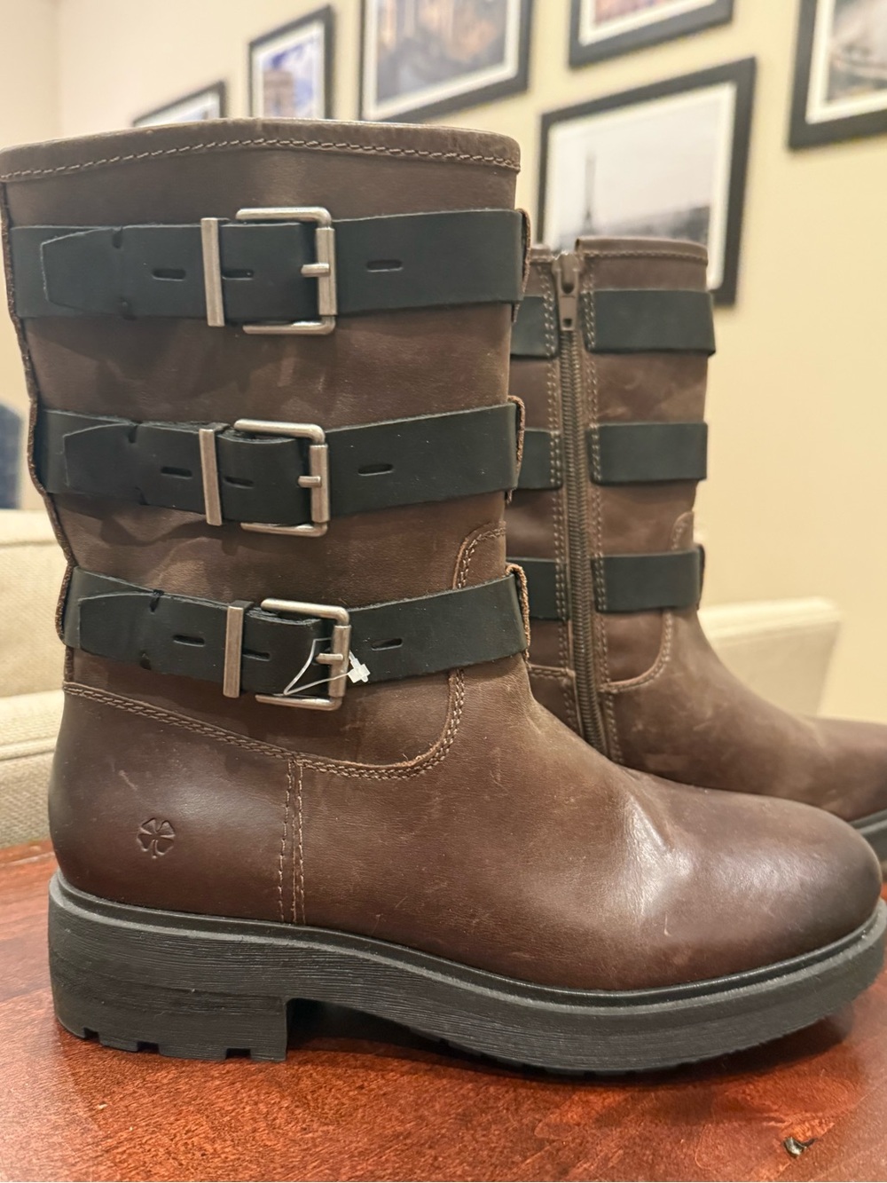 Lucky Brand Cheviss Leather Triple Buckle Moto Boots 7M Lug Sole